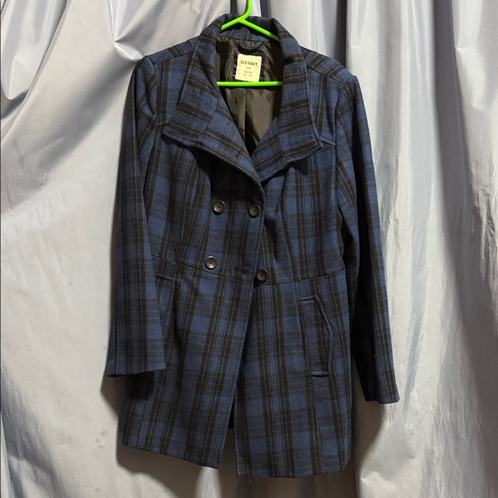 Old Navy Women's Navy and Black Plaid Pea Coat
